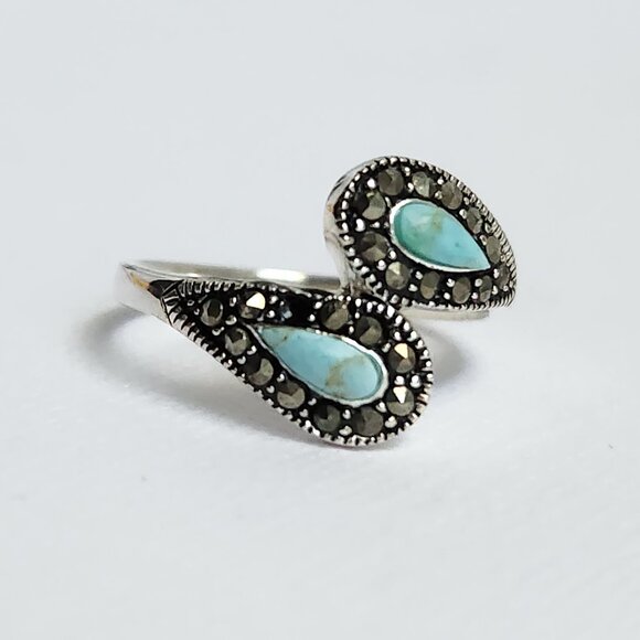 1990's Signed 925 Silver Classic Turquoise & Marcasite Ring Size 7 - Picture 12 of 12